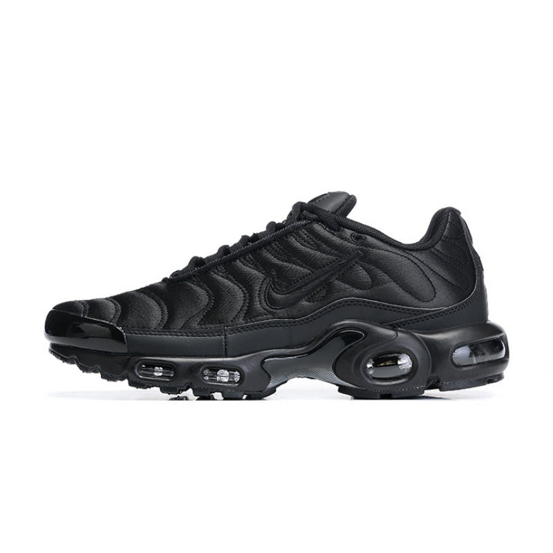 All-black Nike Air Max Plus sneaker with tonal layered panels.