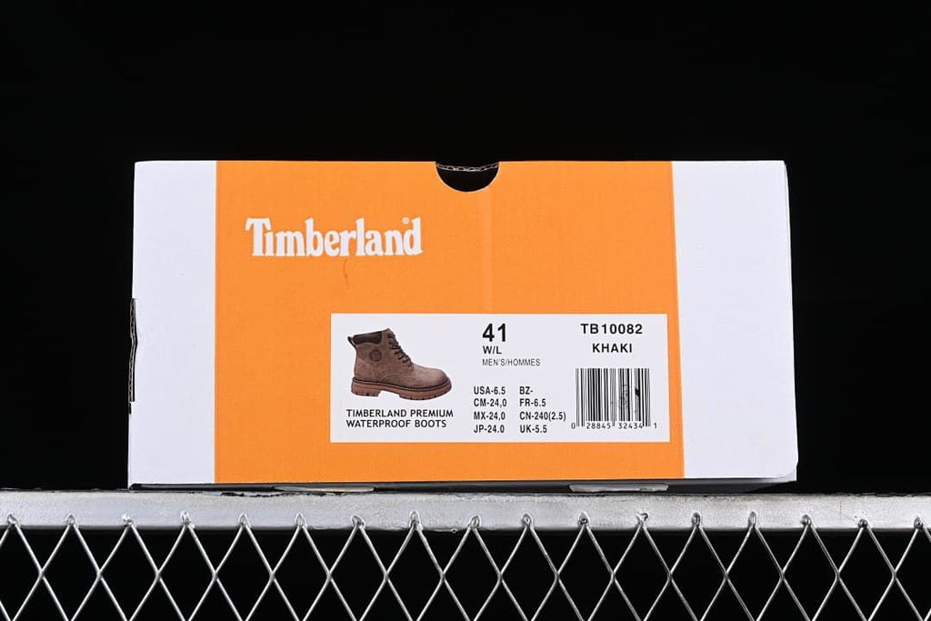 Boot box label showing TB10082, Khaki, and a photographed size of EU 41.