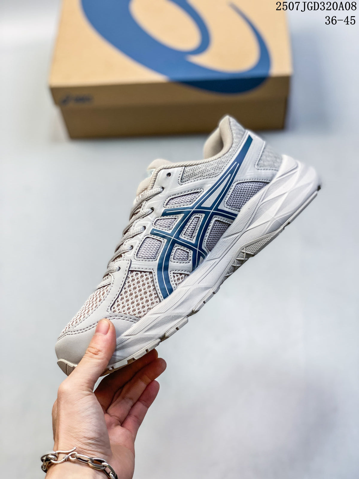 Side view of the gray mesh running shoe with navy ASICS stripes