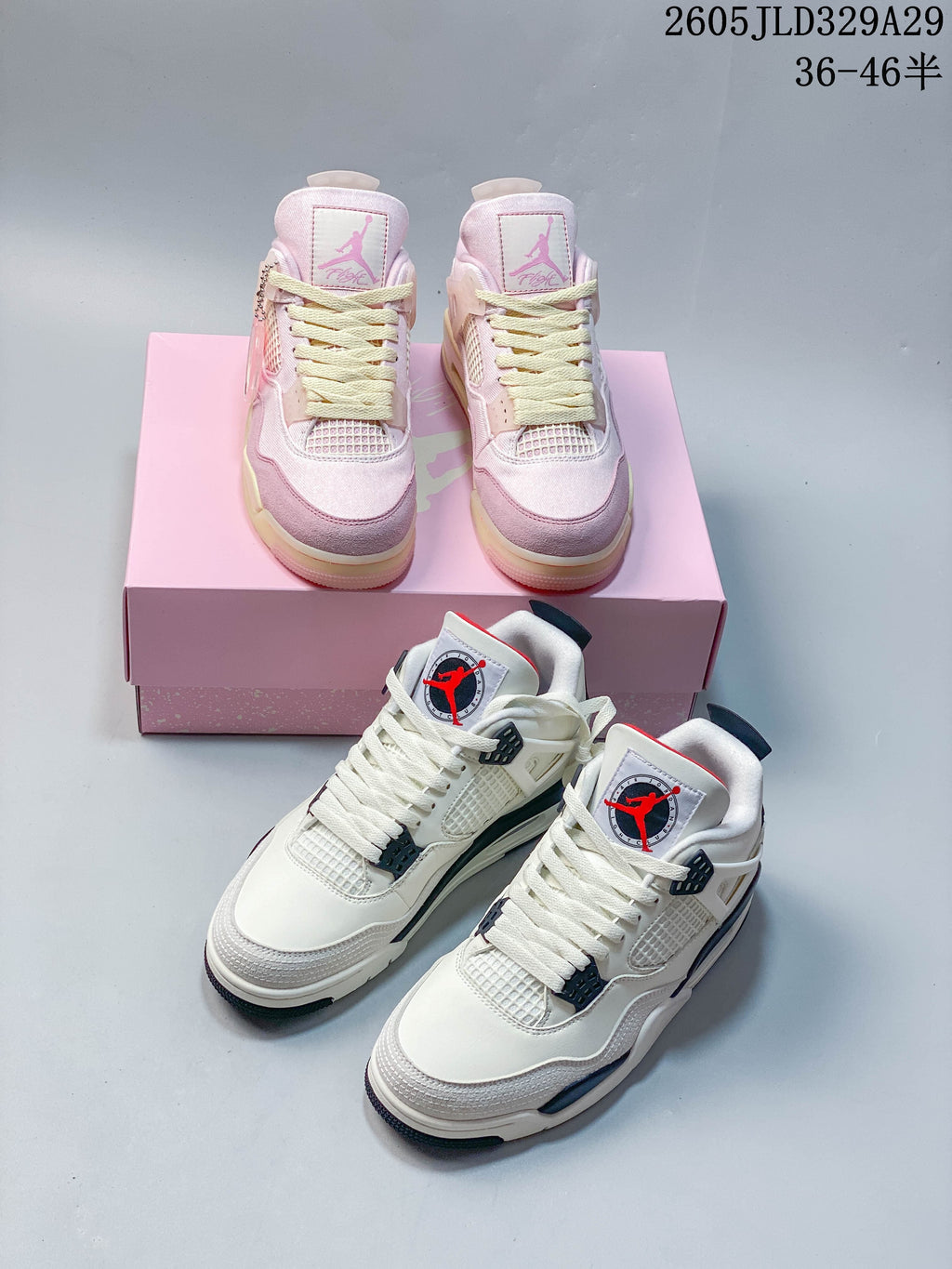 Pink and white colorways of Jordan Air Jordan 4-style sneakers shown together.