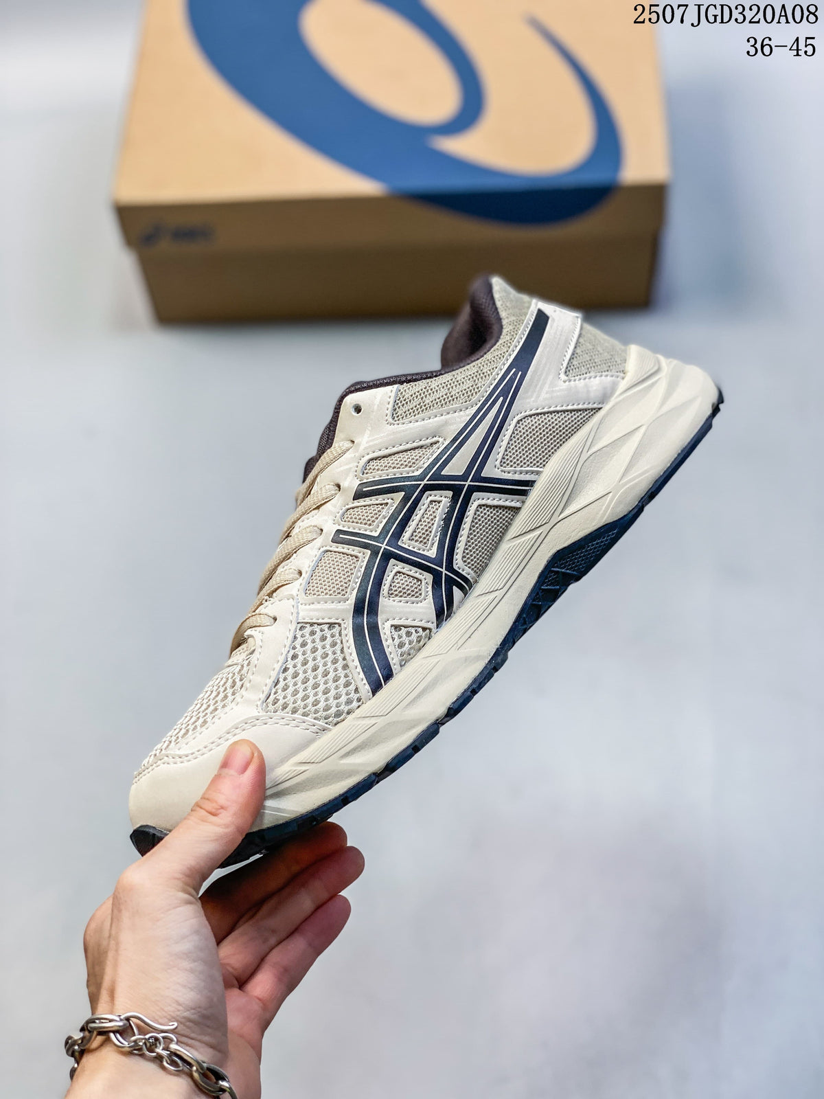 Side profile of the light gray ASICS Gel-Contend 4 with navy overlays.