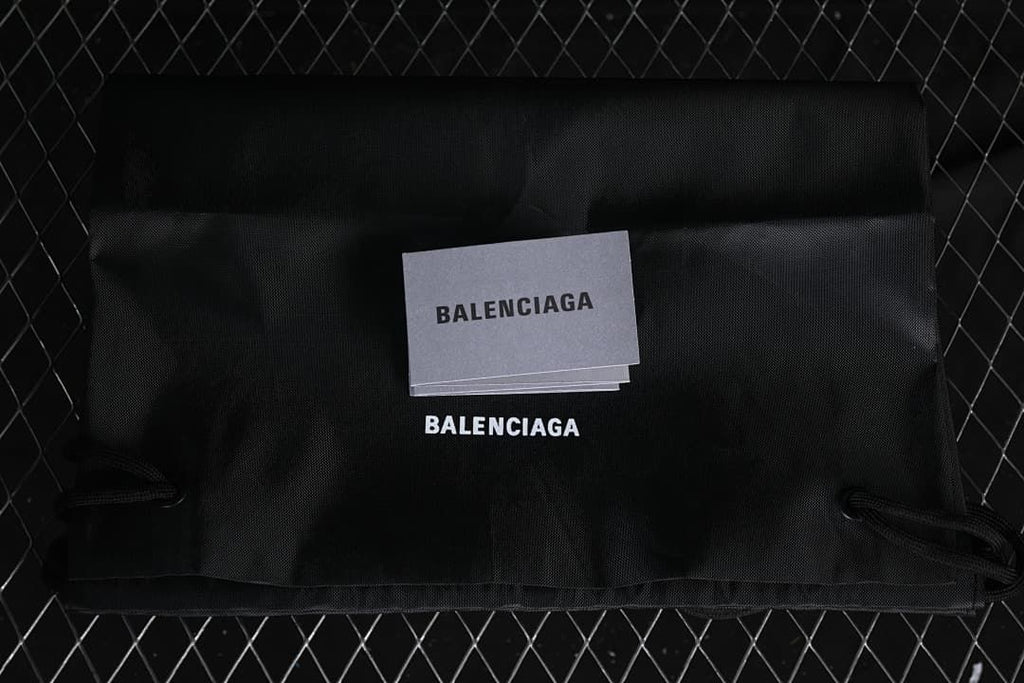 Black Balenciaga dust bag and cards shown with the sneakers