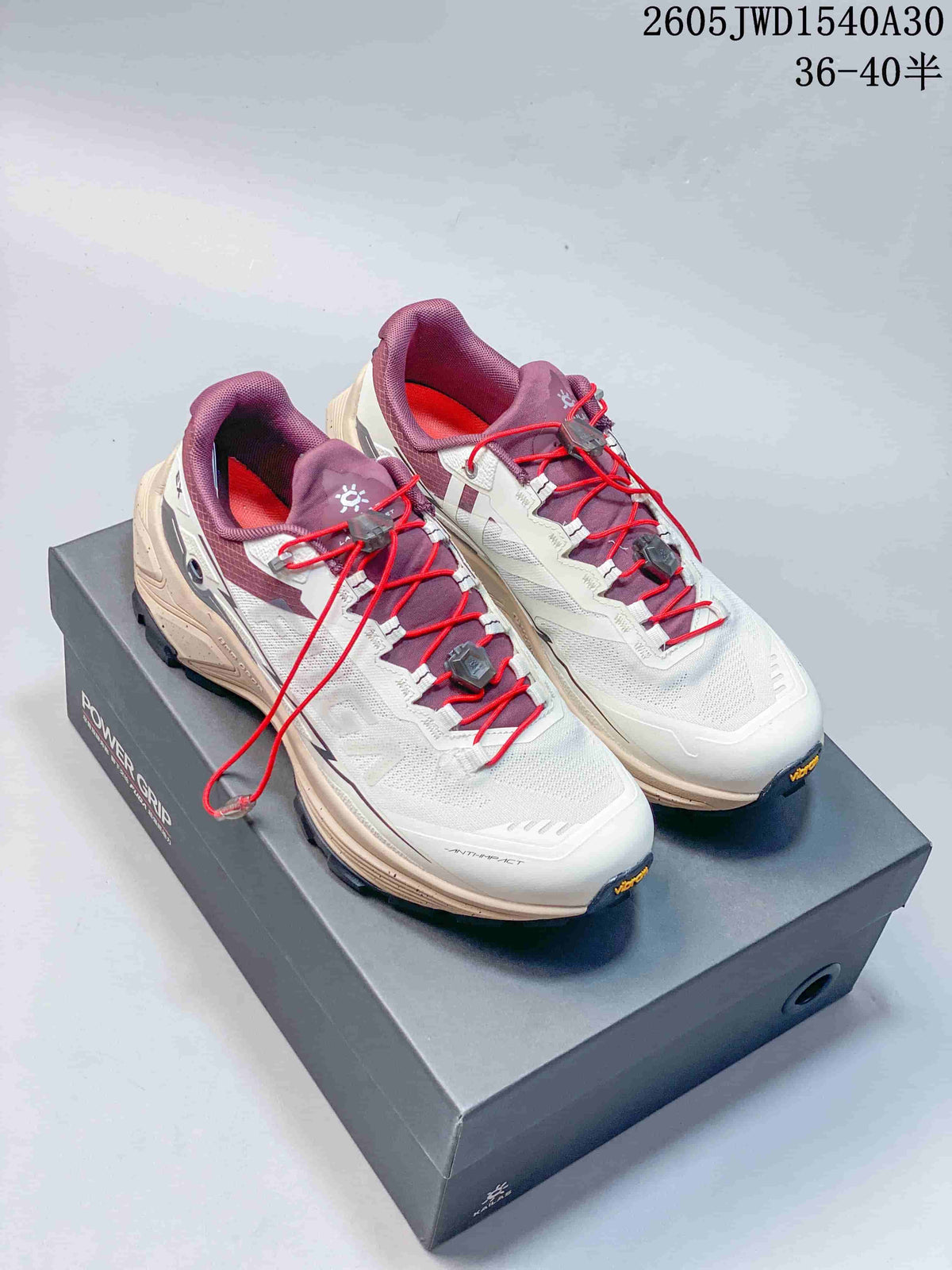 Pair of white and plum KAILAS FUGA EX3 BOA trail shoes with red laces and dial closures