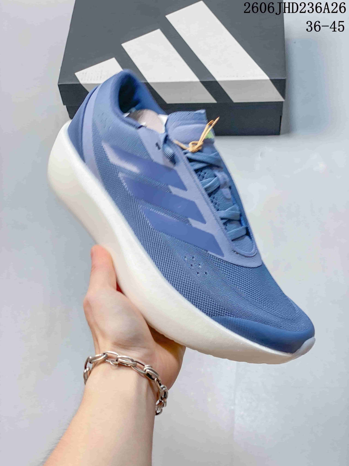 Close-up side view of a blue adidas ZENBOOST running shoe.