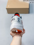 Rear view of a white and coral On Cloudboom Volt shoe with a box marked 36–45.