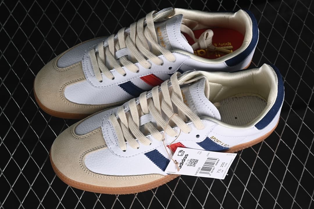 Pair of white adidas Samba OG Sporty & Rich sneakers with gum-colored soles