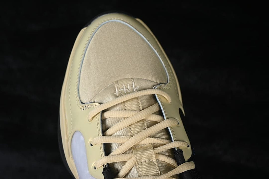 Top view of the shoe’s toe and lace area