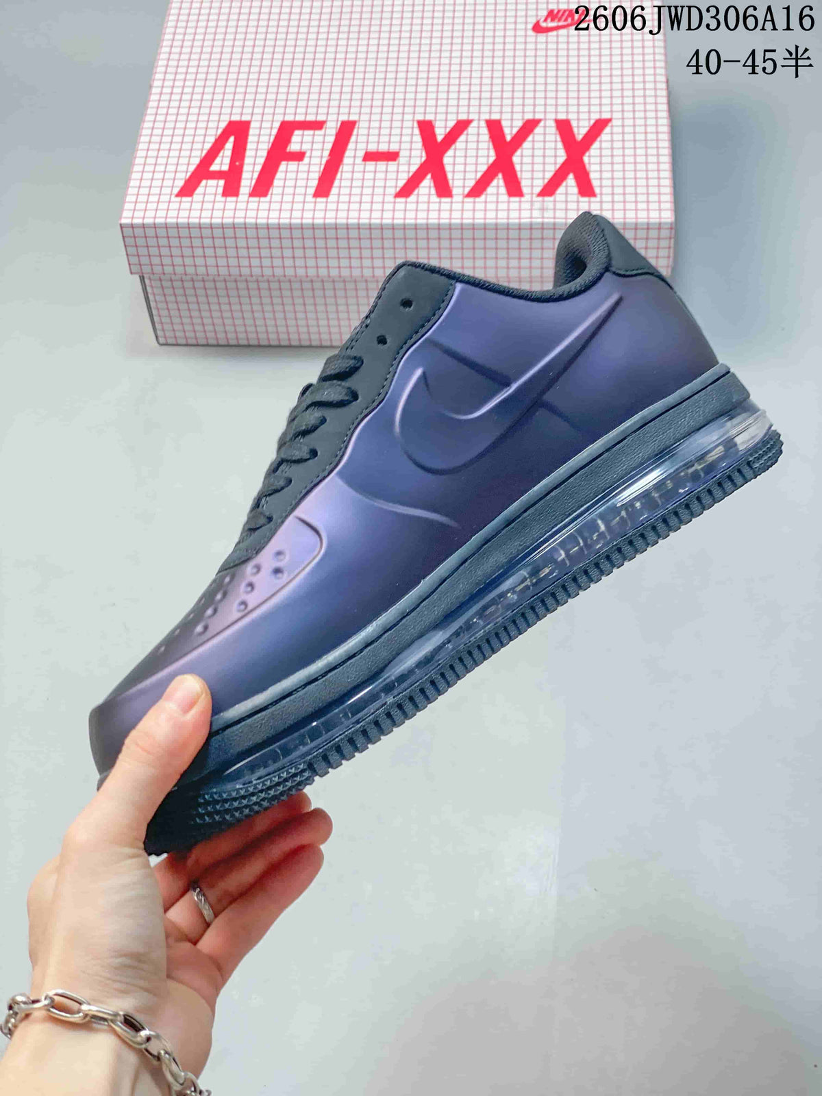 Side view of the purple low-top sneaker with Swoosh detail and transparent heel section
