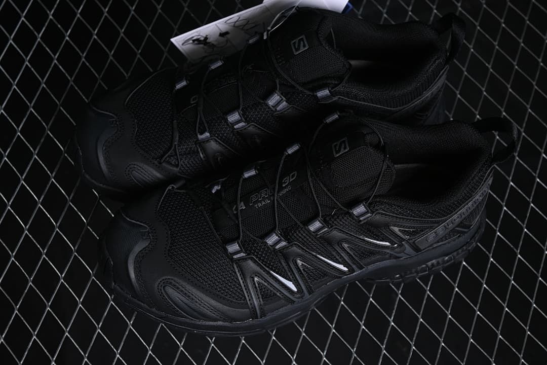 Pair of black Salomon XA Pro 3D shoes shown from above