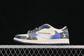 Side view of a cream and blue low-top sneaker with denim-style panels and a blue side logo