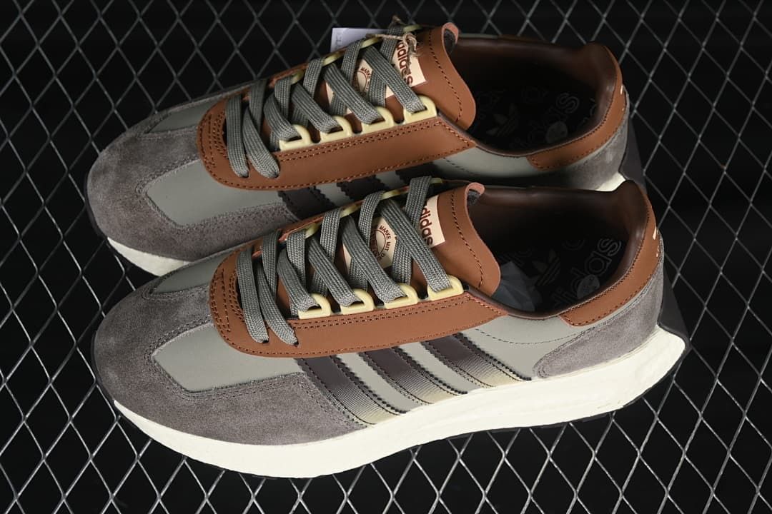 Pair of grey and brown Retropy E5 sneakers viewed from above