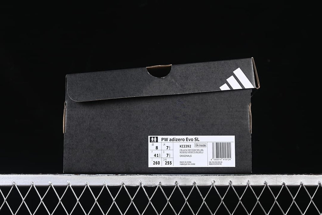 Adizero Evo SL shoebox label showing model and sample size details.