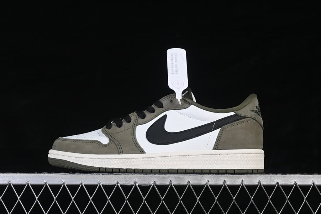 Side view of an olive, white, and black Air Jordan 1 Low OG sneaker