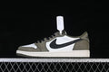 Side view of an olive, white, and black Air Jordan 1 Low OG sneaker