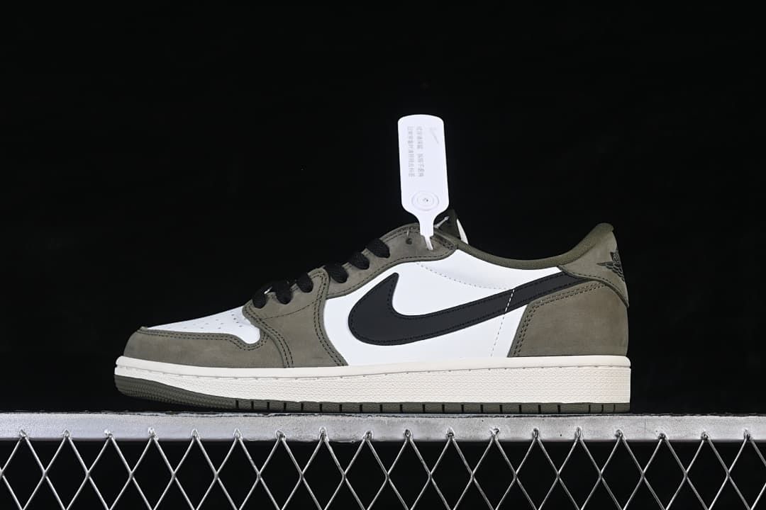Side view of an olive, white, and black Air Jordan 1 Low OG sneaker