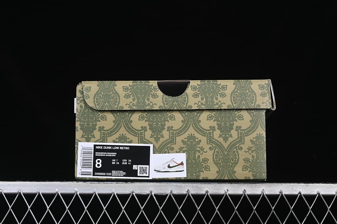 Shoebox label showing Nike Dunk Low Retro, style code DM6868-026, and EU 41
