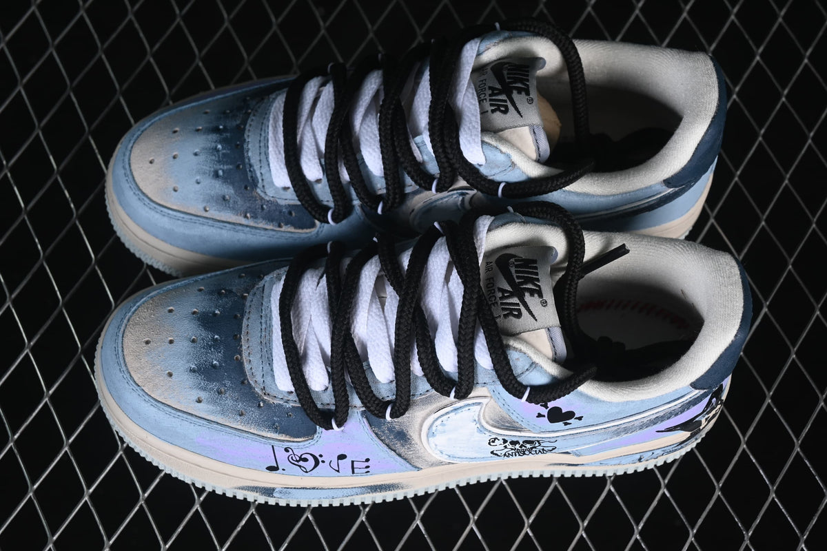 Overhead view of the pair showing the decorative panels and contrasting laces