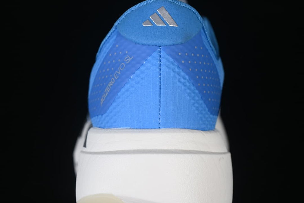 Rear view showing the blue heel, adidas logo, and Adizero Evo SL text.
