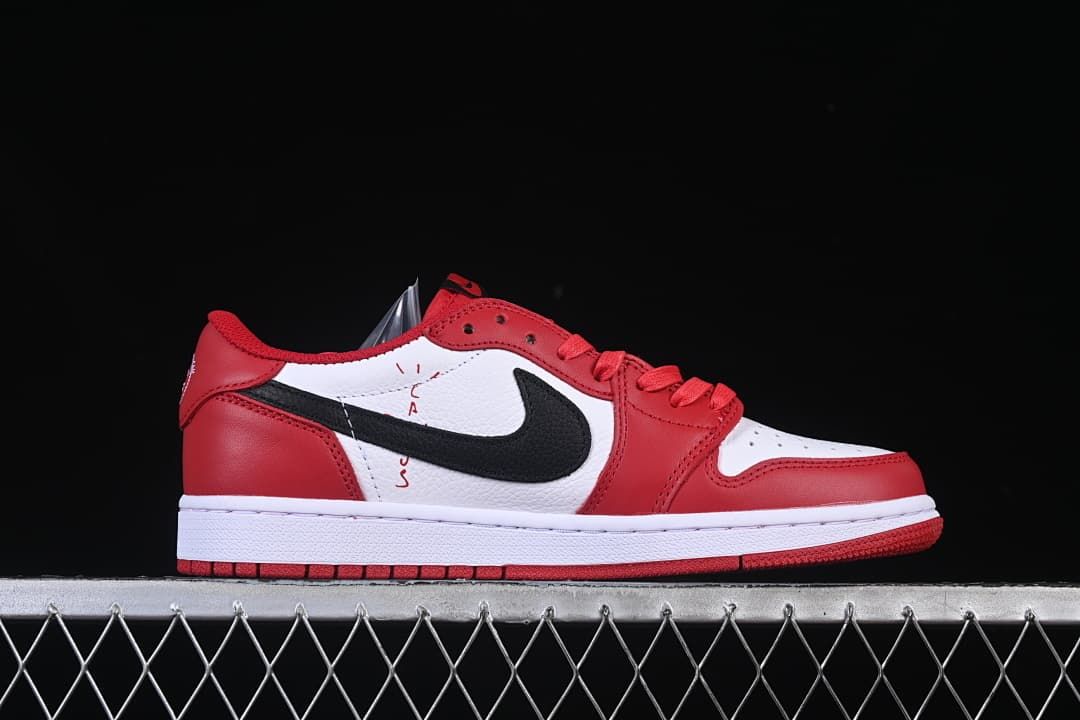 Outer side view showing a black Swoosh and red lettering on the white panel.