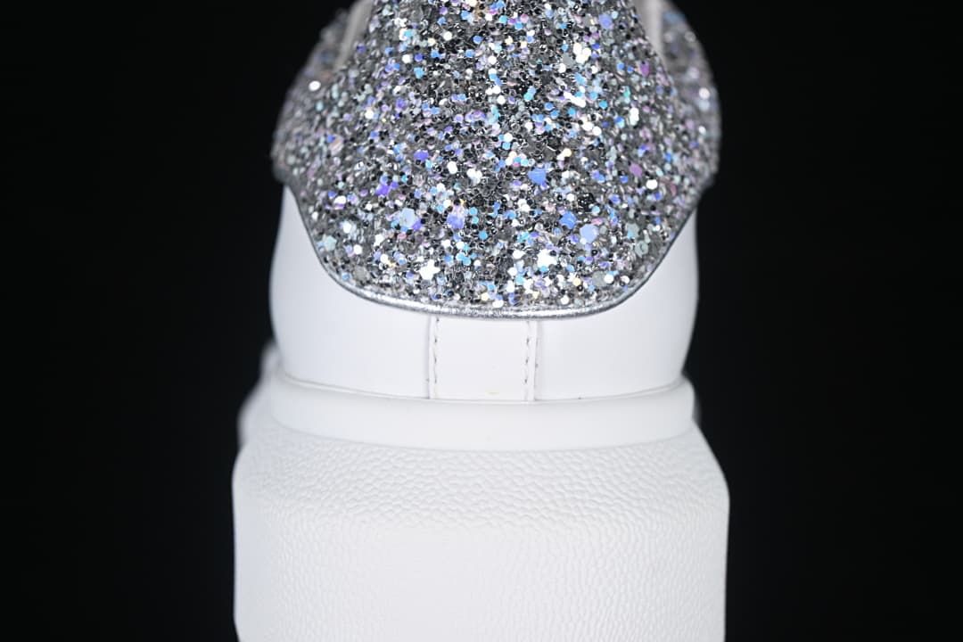 Rear view showing the glitter heel panel and thick white sole.