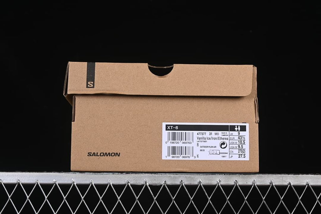 Box label identifies XT-6, style 477377, and color Vanilla Ice, Iron, Etherea.