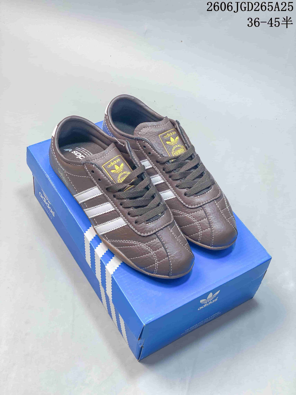 Brown adidas Originals Tokyo low-top sneakers with white side stripes and gum-colored soles