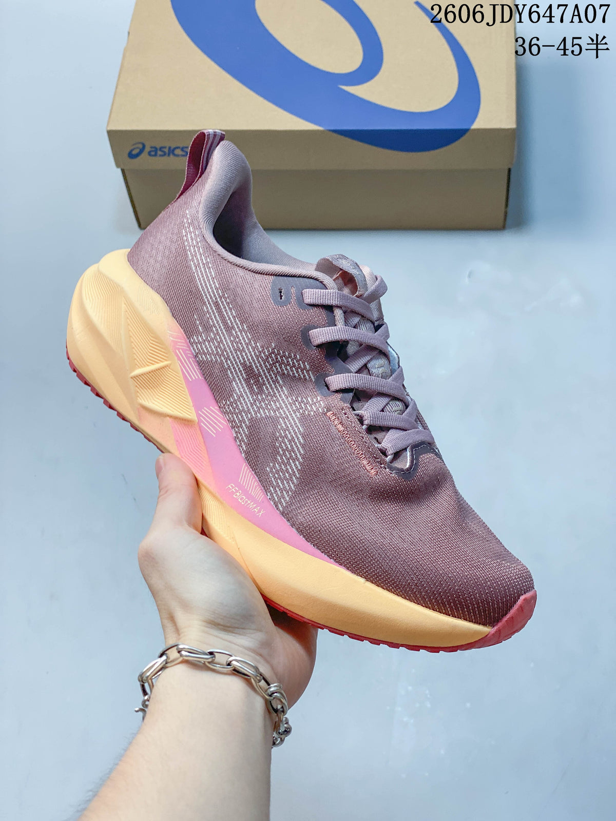 Side view of a mauve ASICS Novablast 5 shoe with pink and pale yellow accents.