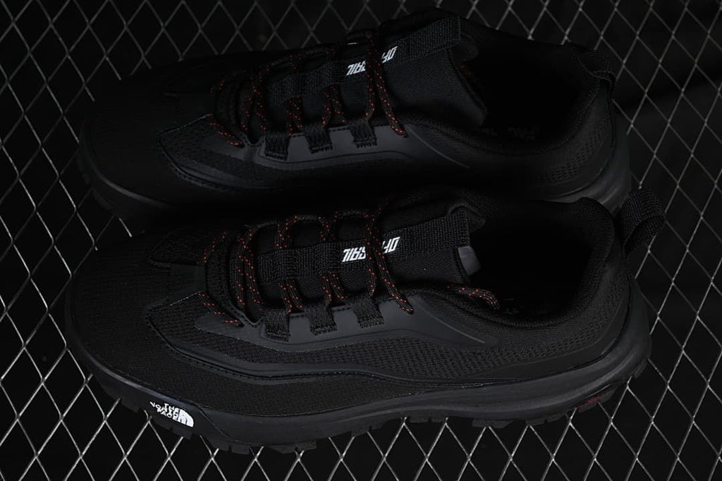 Pair of black Offtrail Ve shoes shown from above at an angle