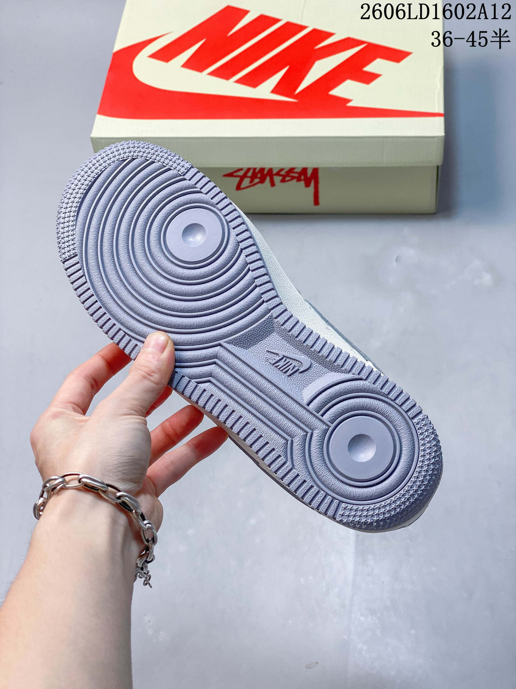 Grey outsole shown from below with circular traction patterns