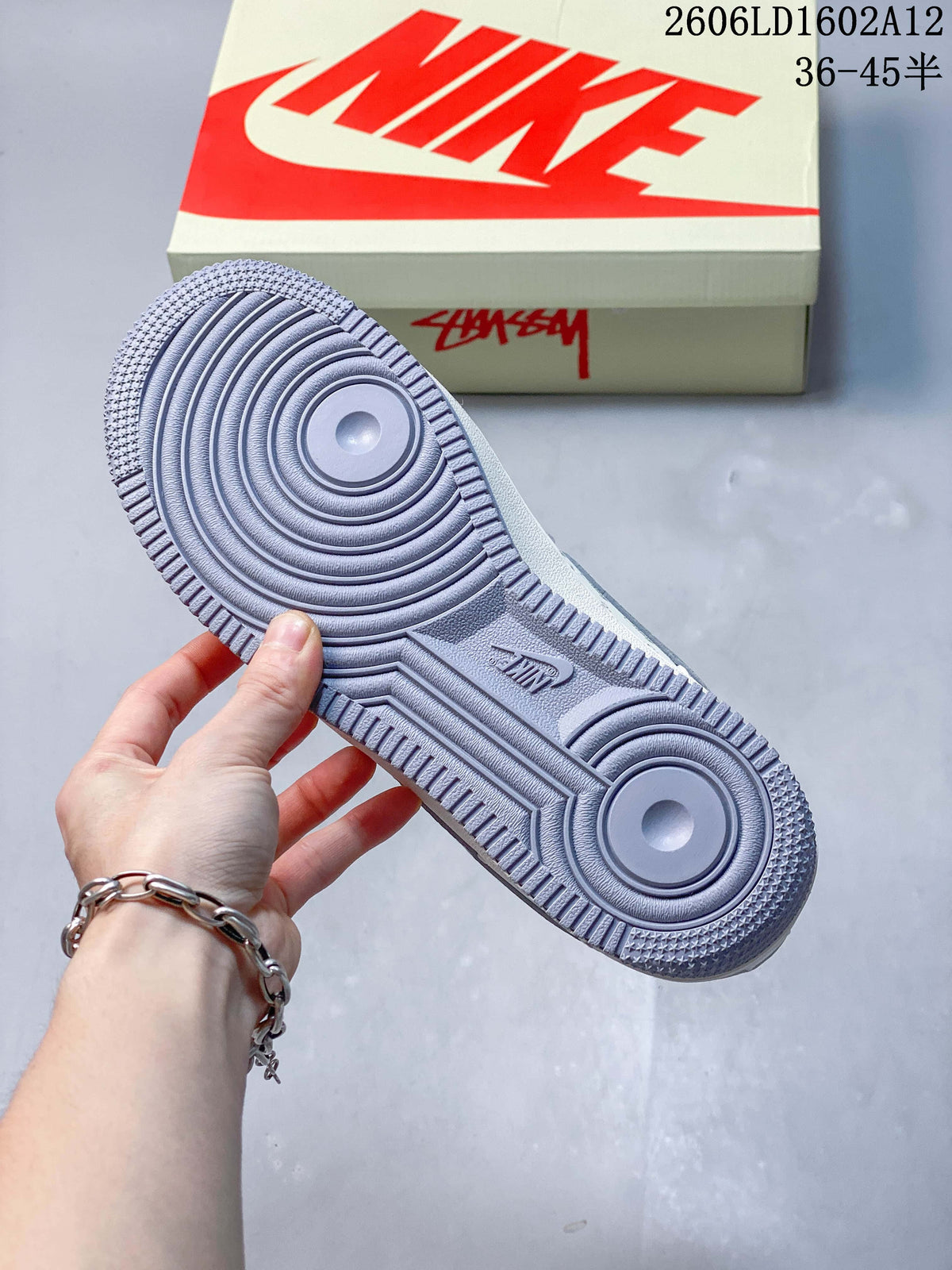 Grey outsole shown from below with circular traction patterns