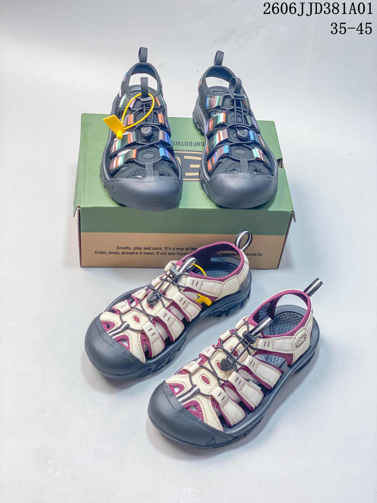 Two colorways of closed-toe outdoor sandals displayed together