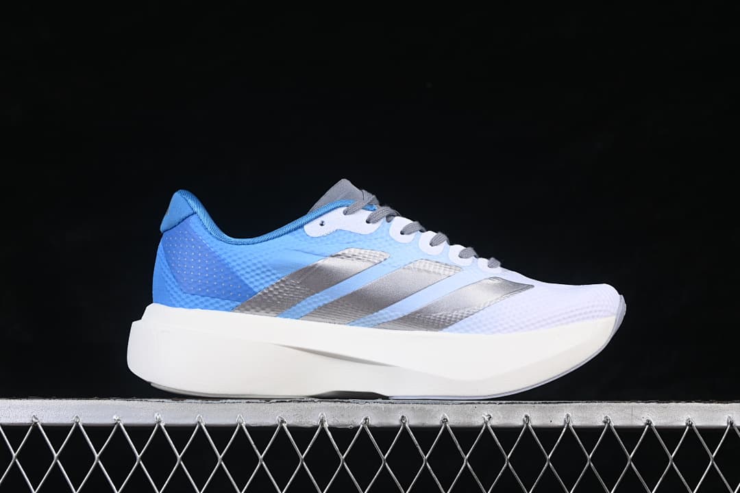 Side view of a white adidas Adizero Evo SL running shoe with blue heel, silver stripes, gray laces, and a white midsole.