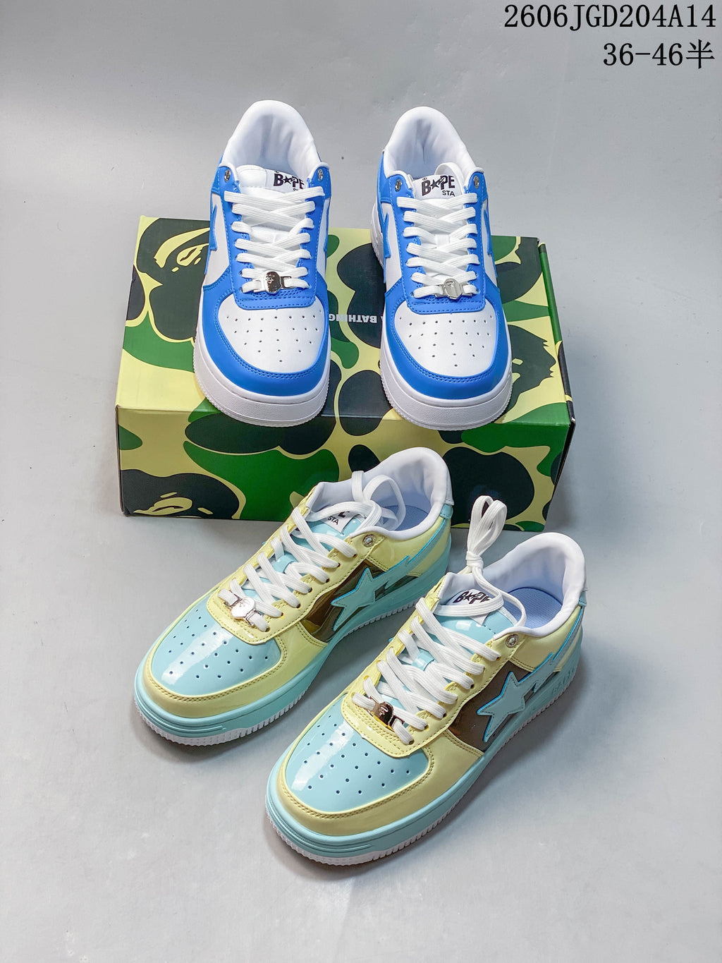 Blue and white and pale yellow and light blue BAPE STA sneakers shown together