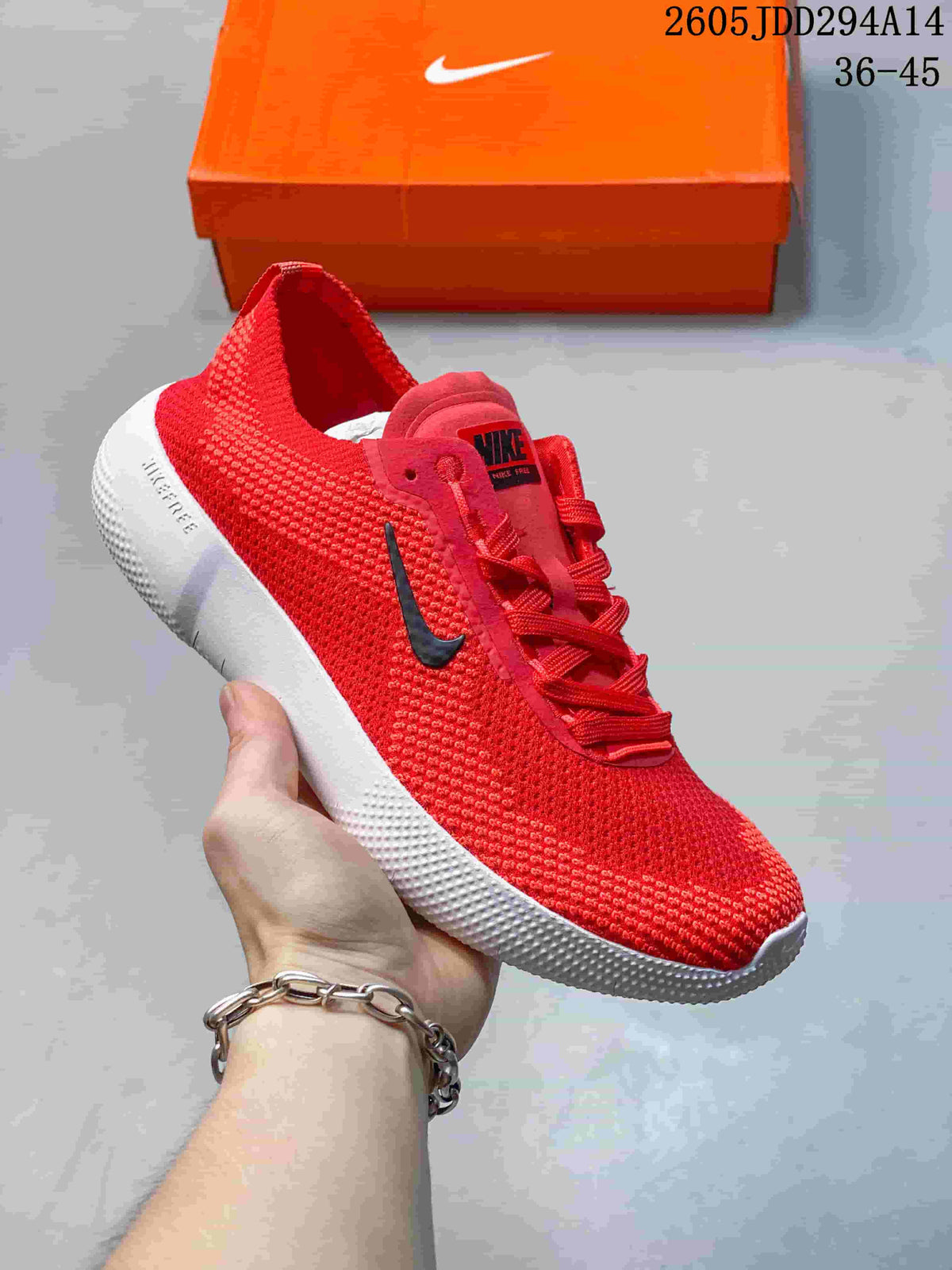 Red Nike Free low-top sneaker with a white sole and dark side Swoosh.