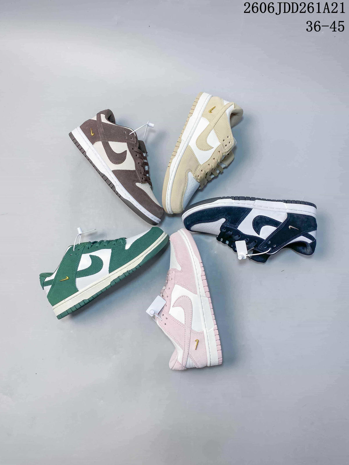 Five Nike Dunk low-top colorways arranged together