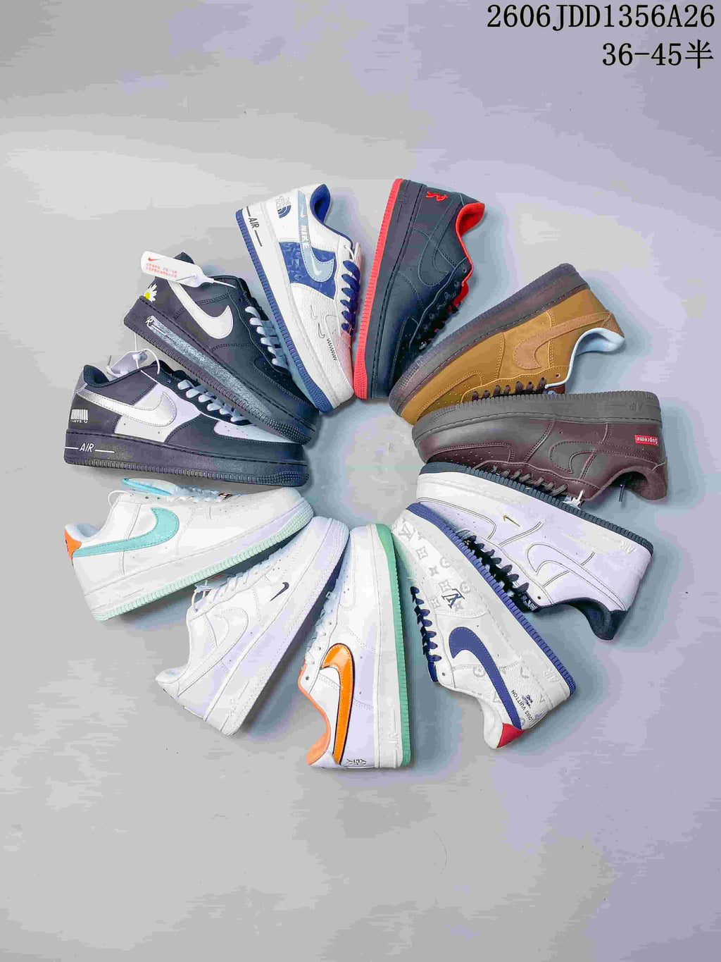 Several Nike Air Force 1 low-top sneakers arranged in a circle, showing different color designs