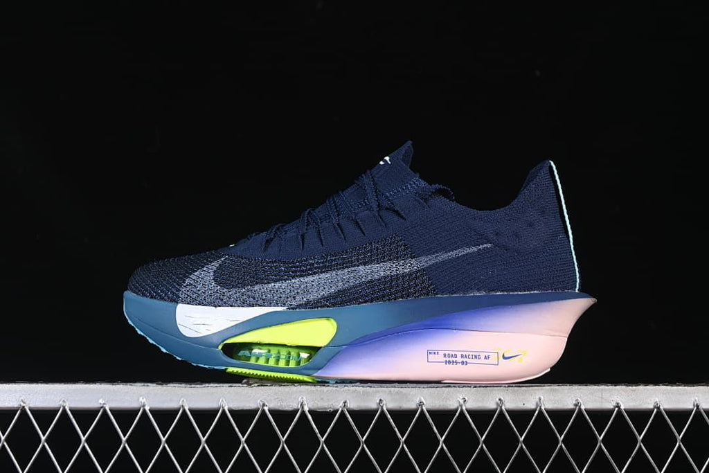 Side profile of the navy shoe with a pale swoosh and lime accent.