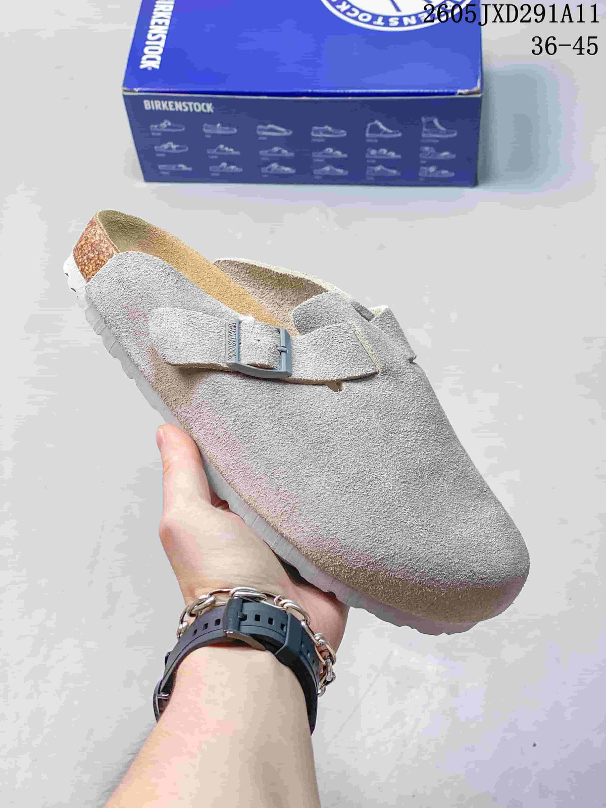 Light gray suede-like Zurich-style clog sandal with an adjustable buckle strap