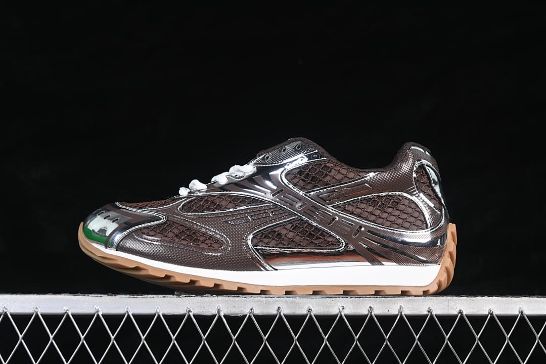 Side view of a brown and silver-tone Bottega Veneta Orbit sneaker with white laces and a tan outsole.