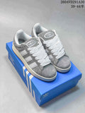 Several Adidas Campus sneakers shown in dark navy, grey, and pink; size ranges are printed in the image.