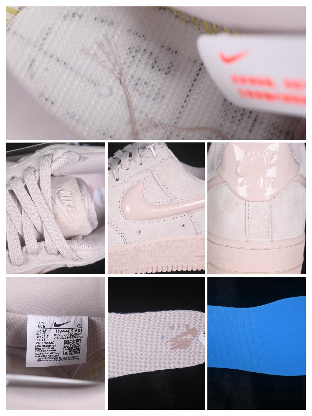 Detail collage showing the tongue, Swoosh, heel branding, product label and outsole.