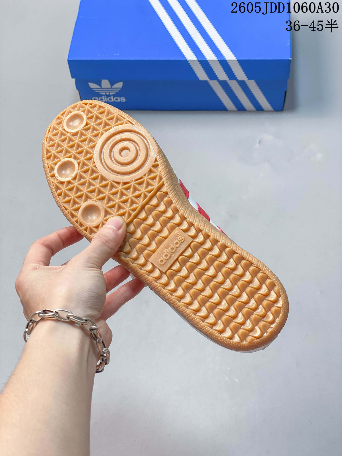 Close-up of the gum-colored textured outsole on the Samba Jane sneaker