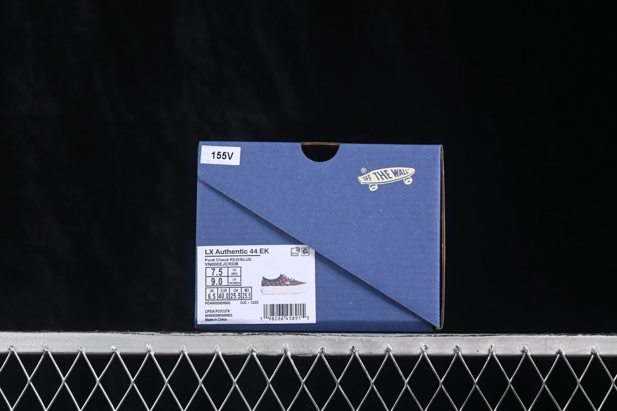 Vans shoe box with a label identifying LX Authentic 44 EK, Punch Check Red/Blue, and style code VN000EJCRDB.