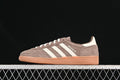 Side view of brown Adidas Handball Spezial sneakers with cream stripes and a gum sole.