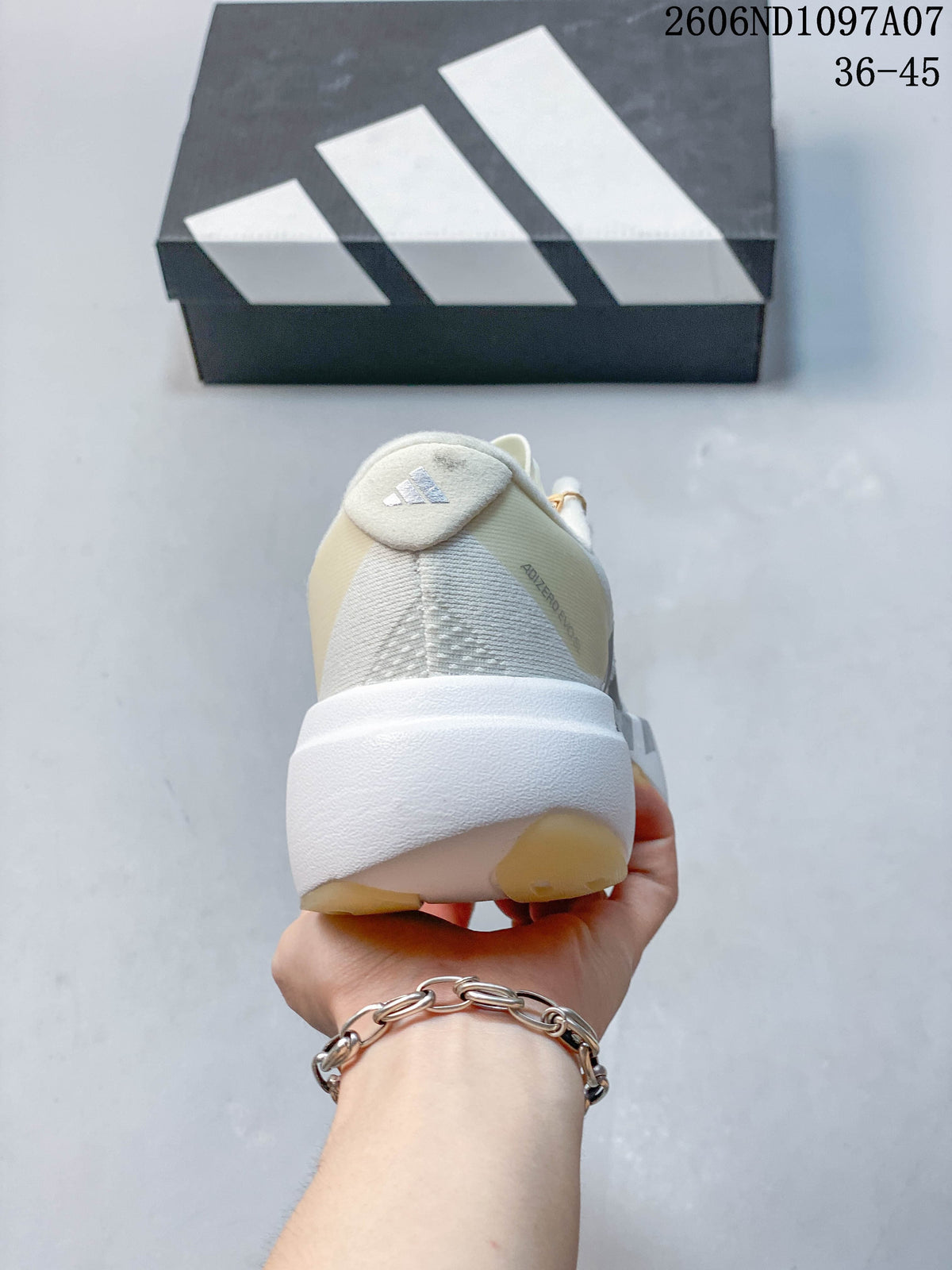Rear view of the off-white adidas Adizero Evo SL running shoe.