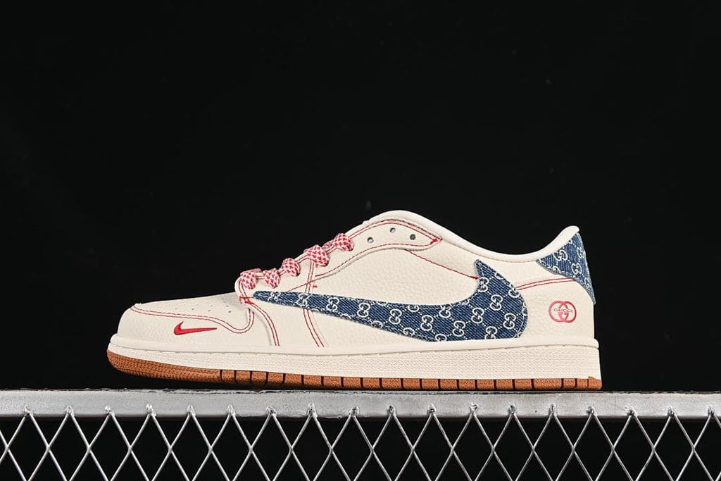 Side view of an off-white low-top sneaker with blue patterned panels, red stitching, red-and-white laces, and a gum-colored outsole.