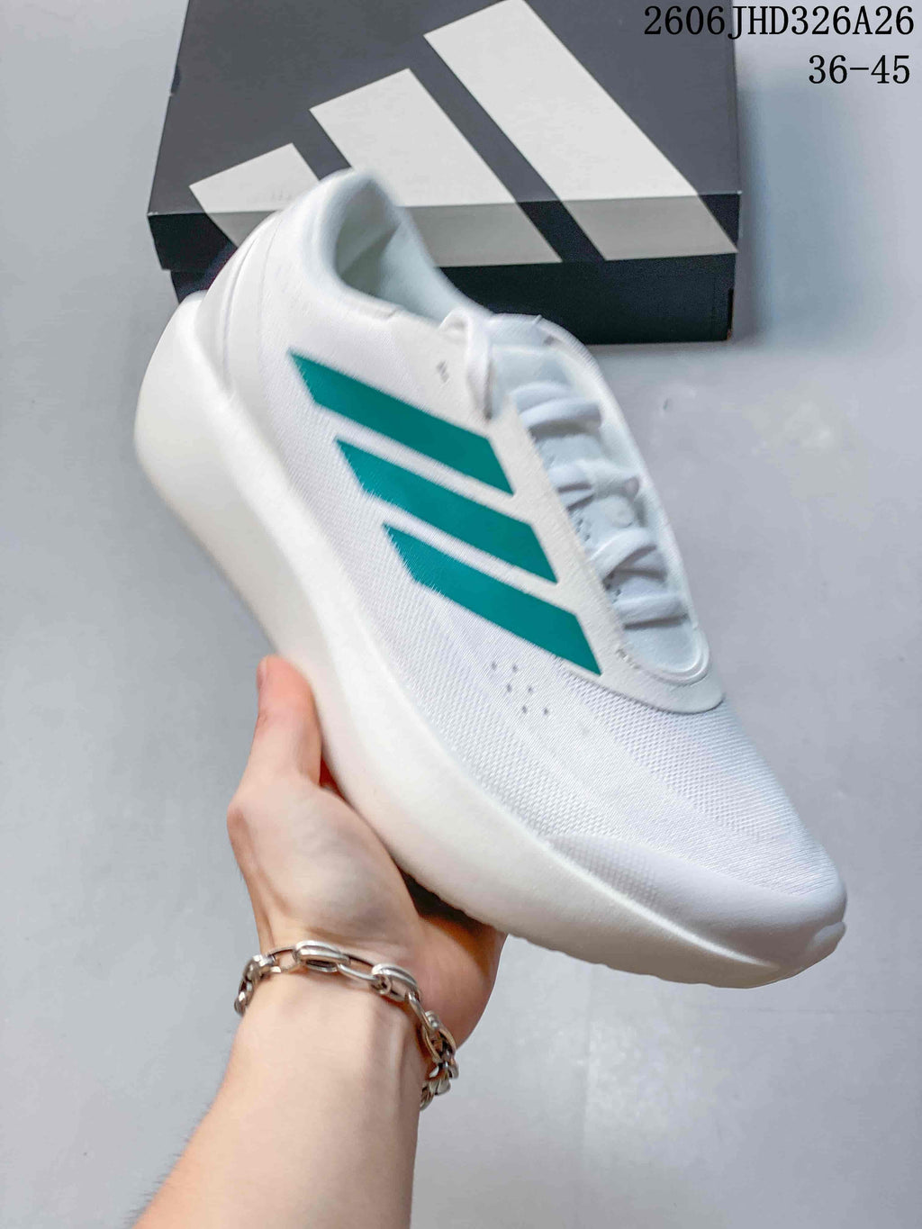 Close side view of a white adidas Supernova Rise 3 shoe with teal stripes
