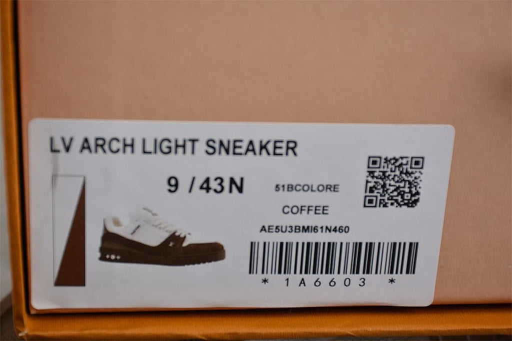 Box label reading LV Arch Light Sneaker, size 9 / 43N, and Coffee.