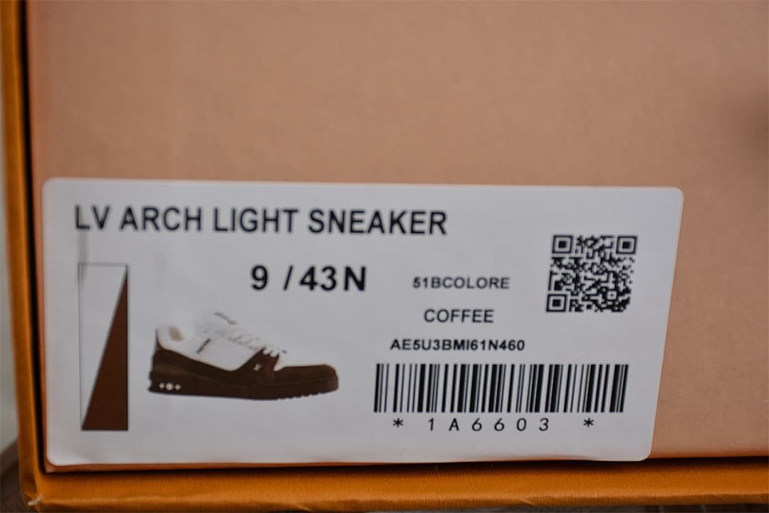 Box label reading LV Arch Light Sneaker, size 9 / 43N, and Coffee.