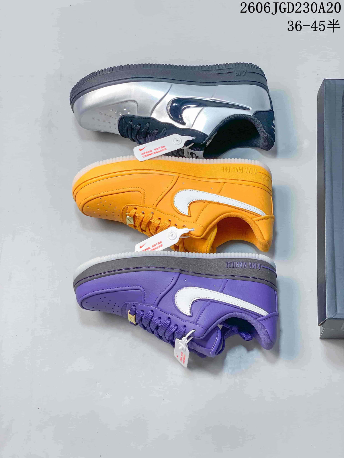 Side views of orange, purple, and silver low-top sneakers